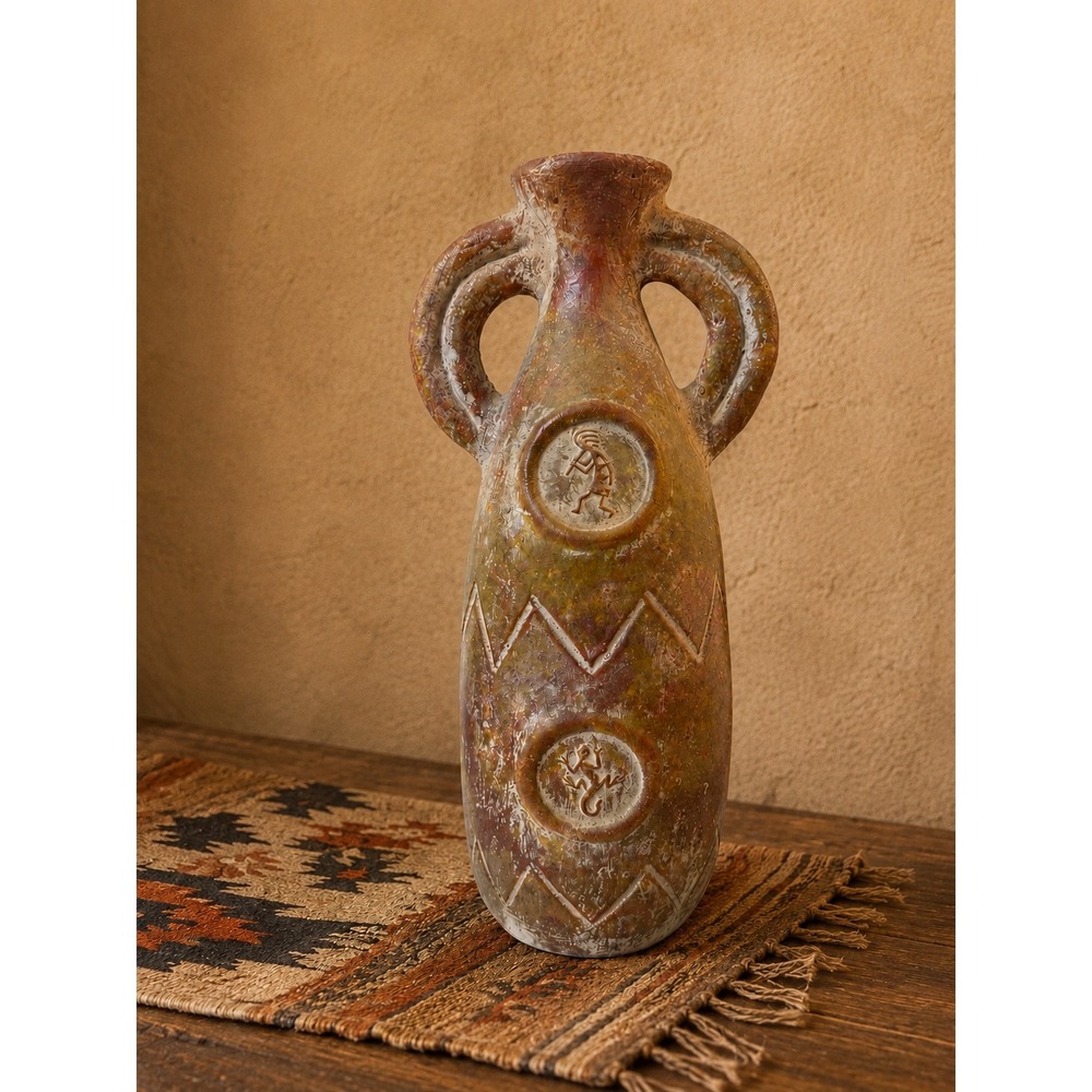 Kokopelli Mexican Pottery Vase Southwestern Double Handle Rustic Boho Decor